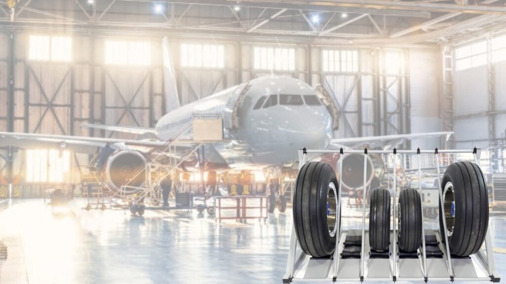 Business jet aircraft tires stored in an adjustable tire rack with airplane hangar in the background